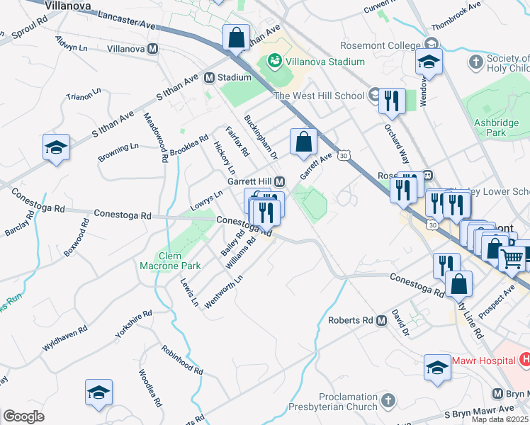 map of restaurants, bars, coffee shops, grocery stores, and more near 144 Garrett Avenue in Bryn Mawr