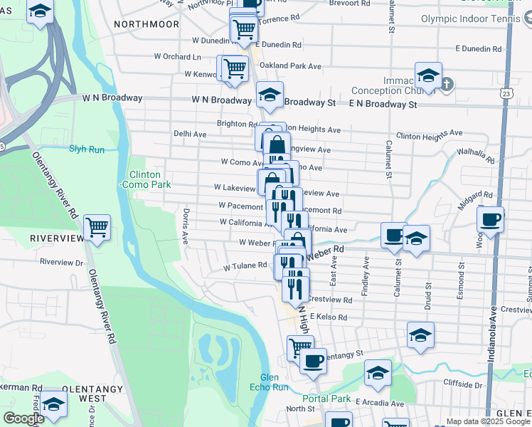 map of restaurants, bars, coffee shops, grocery stores, and more near 58 West California Avenue in Columbus