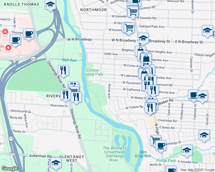 map of restaurants, bars, coffee shops, grocery stores, and more near 3159 Dorris Avenue in Columbus