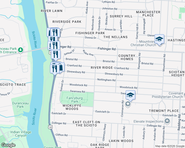 map of restaurants, bars, coffee shops, grocery stores, and more near 2628 Nottingham Road in Columbus