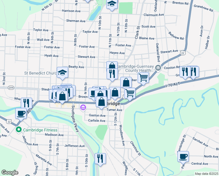 map of restaurants, bars, coffee shops, grocery stores, and more near 1099 Steubenville Ave in Cambridge