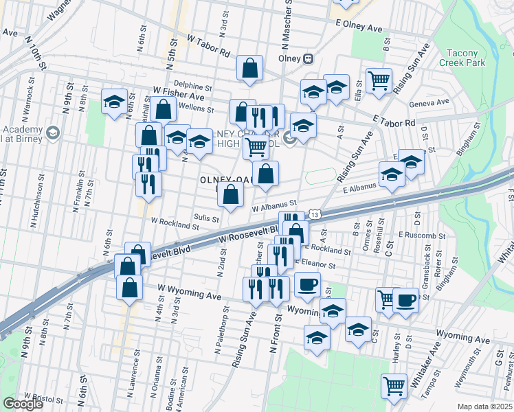 map of restaurants, bars, coffee shops, grocery stores, and more near 181 West Albanus Street in Philadelphia