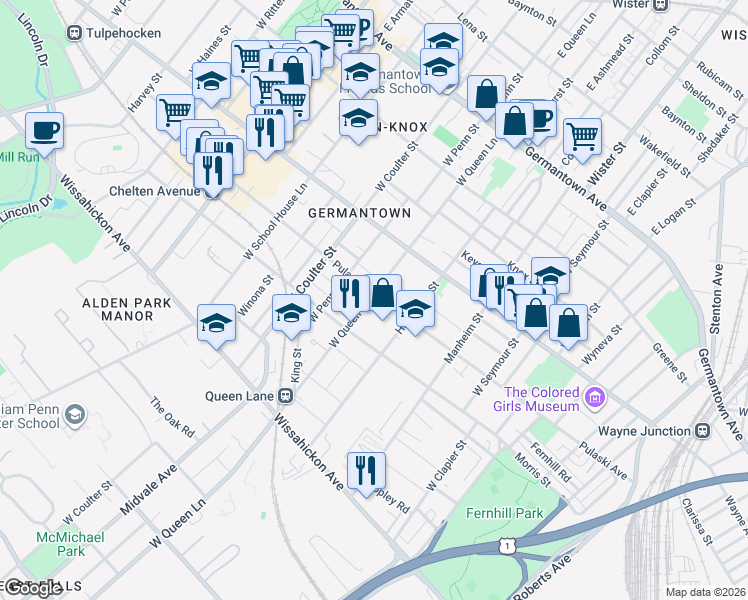 map of restaurants, bars, coffee shops, grocery stores, and more near 314 West Queen Lane in Philadelphia