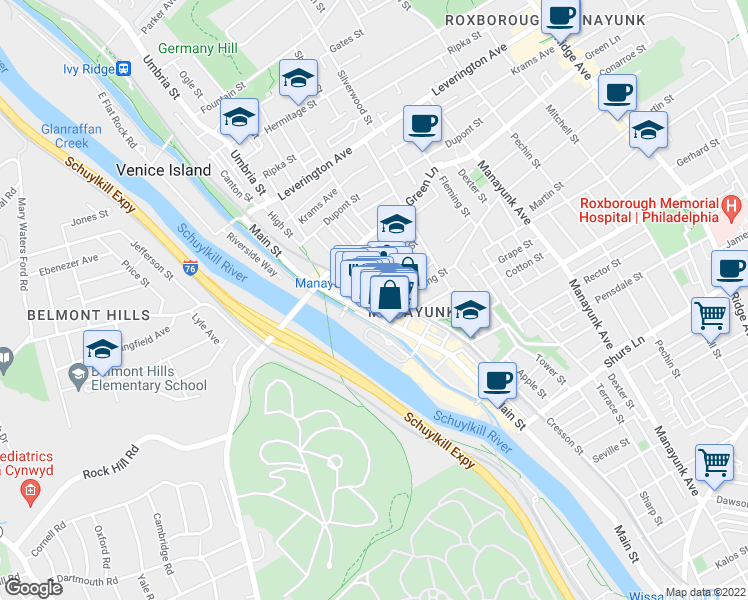 map of restaurants, bars, coffee shops, grocery stores, and more near 4400b Main Street in Philadelphia