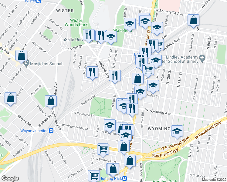 map of restaurants, bars, coffee shops, grocery stores, and more near 1604 W Louden St in Philadelphia