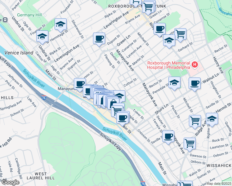 map of restaurants, bars, coffee shops, grocery stores, and more near 175 Cotton Street in Philadelphia