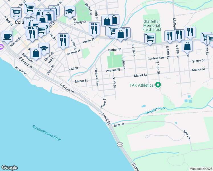 map of restaurants, bars, coffee shops, grocery stores, and more near 742 Plane Street in Columbia
