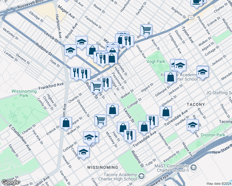map of restaurants, bars, coffee shops, grocery stores, and more near 4219 Levick Street in Philadelphia