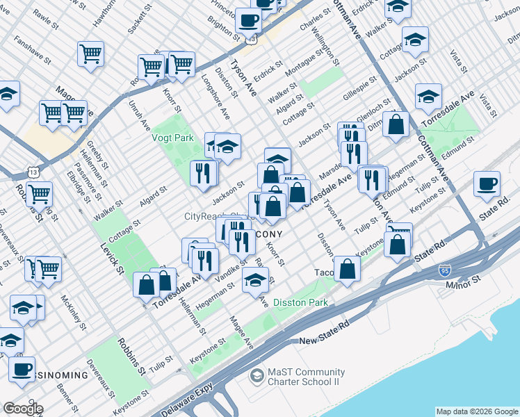 map of restaurants, bars, coffee shops, grocery stores, and more near 6806 Marsden Street in Philadelphia