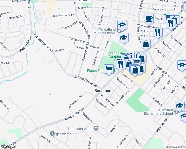 map of restaurants, bars, coffee shops, grocery stores, and more near 1436 Atkins Avenue in Lancaster