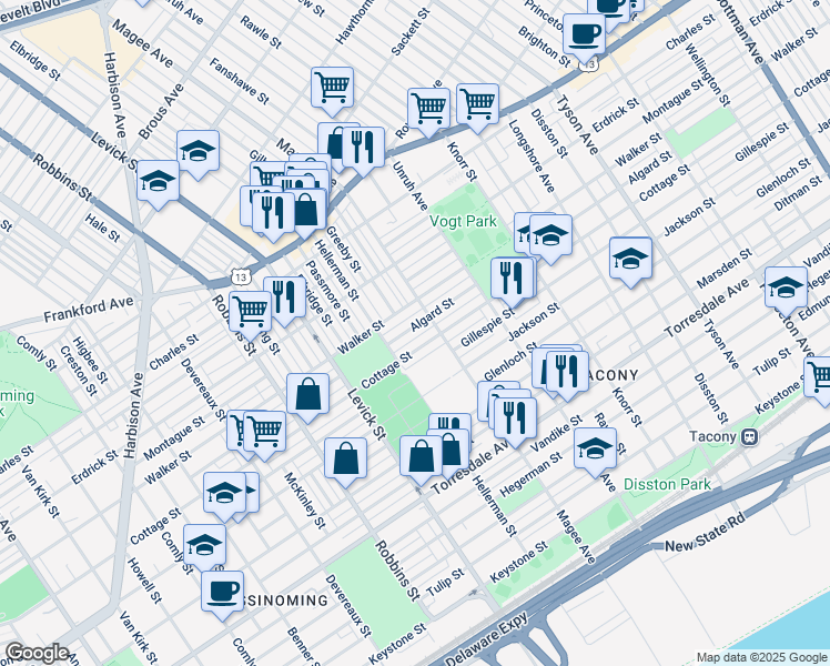 map of restaurants, bars, coffee shops, grocery stores, and more near 6535 Algard Street in Philadelphia