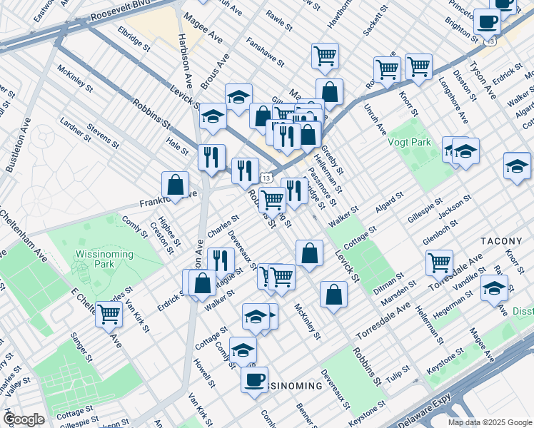 map of restaurants, bars, coffee shops, grocery stores, and more near 4147 Robbins Avenue in Philadelphia