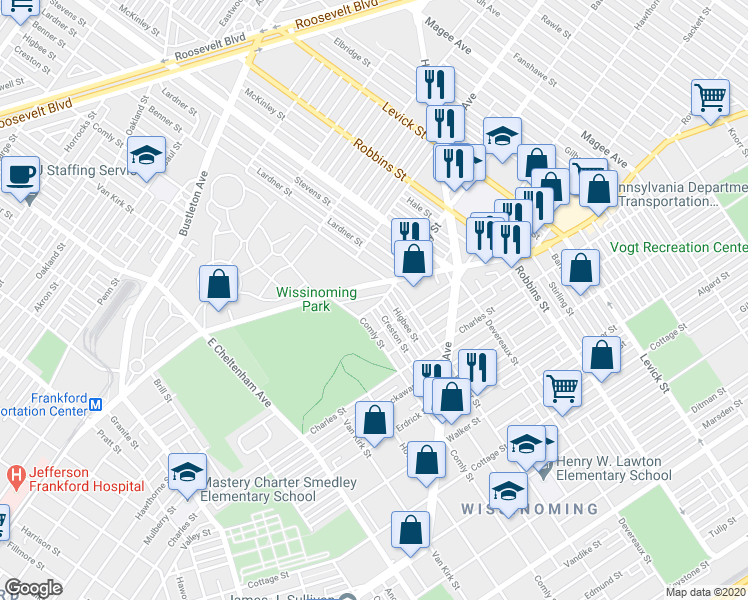 map of restaurants, bars, coffee shops, grocery stores, and more near 6032 Duffield Street in Philadelphia