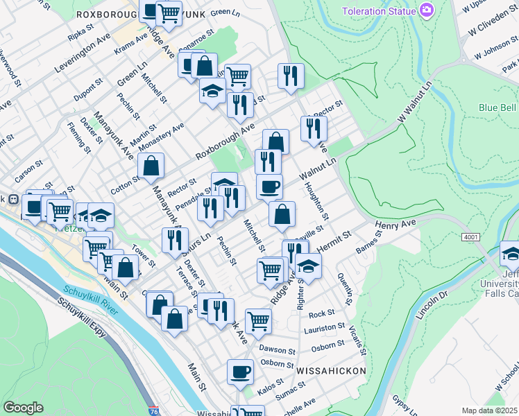 map of restaurants, bars, coffee shops, grocery stores, and more near 493 Shurs Lane in Philadelphia