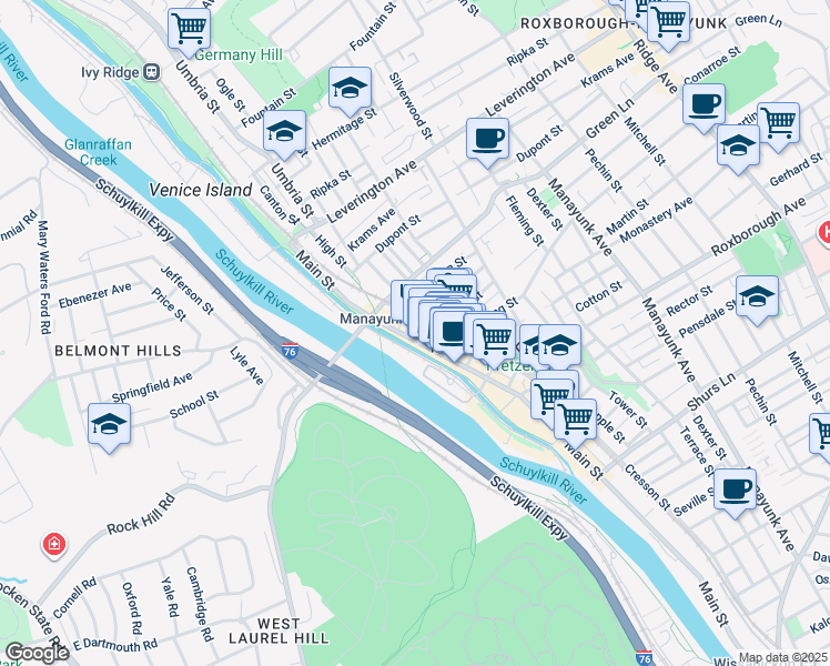 map of restaurants, bars, coffee shops, grocery stores, and more near 4421 Main Street in Philadelphia