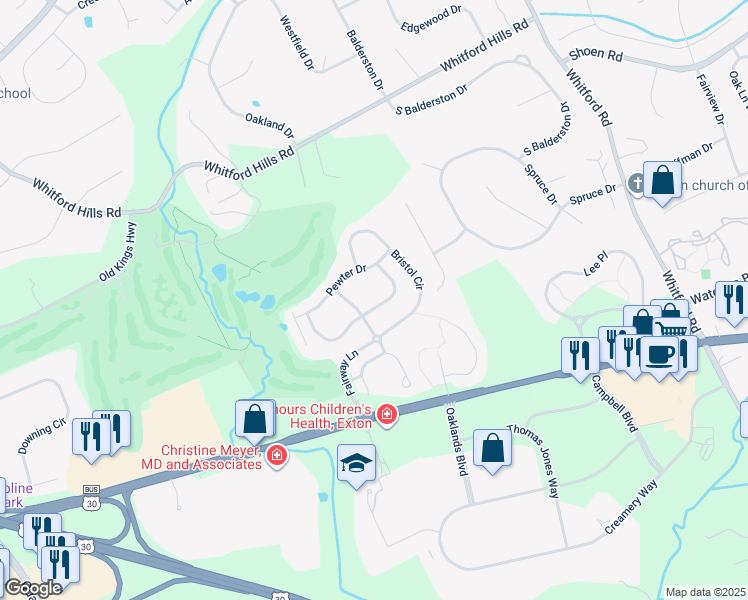 map of restaurants, bars, coffee shops, grocery stores, and more near 547 East Saxony Drive in Exton