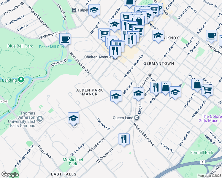 map of restaurants, bars, coffee shops, grocery stores, and more near 455 West School House Lane in Philadelphia
