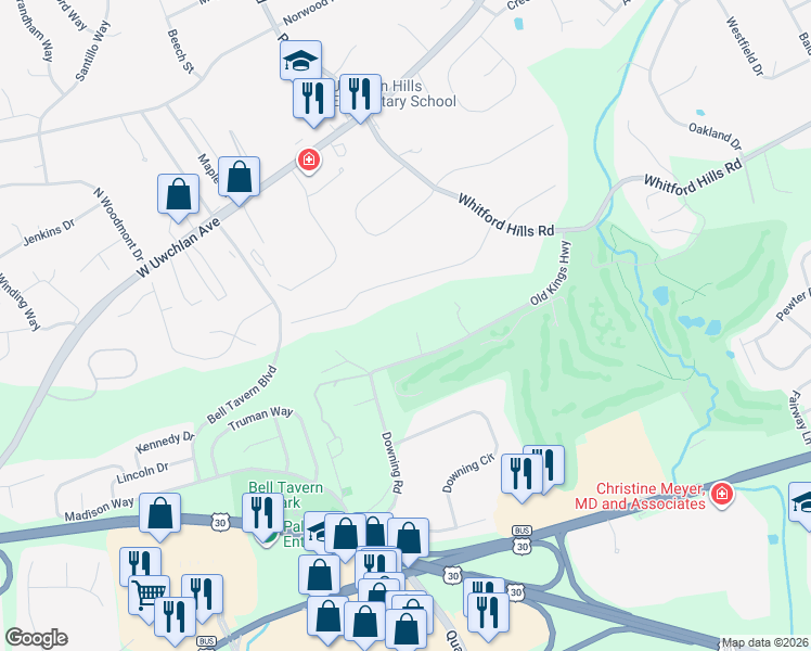 map of restaurants, bars, coffee shops, grocery stores, and more near 303 Old Kings Highway in Downingtown