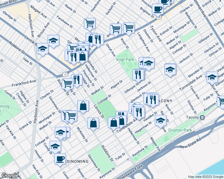 map of restaurants, bars, coffee shops, grocery stores, and more near 6535 Algard Street in Philadelphia