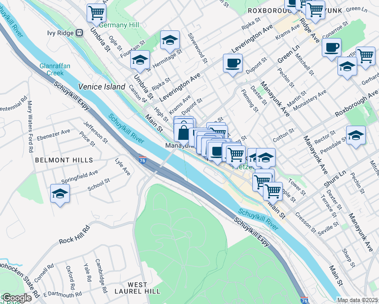 map of restaurants, bars, coffee shops, grocery stores, and more near 4444 Main Street in Philadelphia