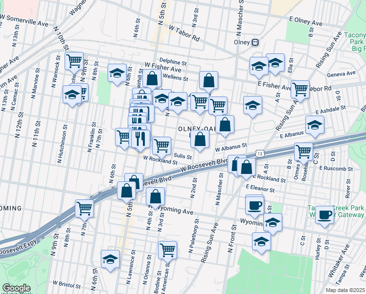 map of restaurants, bars, coffee shops, grocery stores, and more near 237 West Albanus Street in Philadelphia