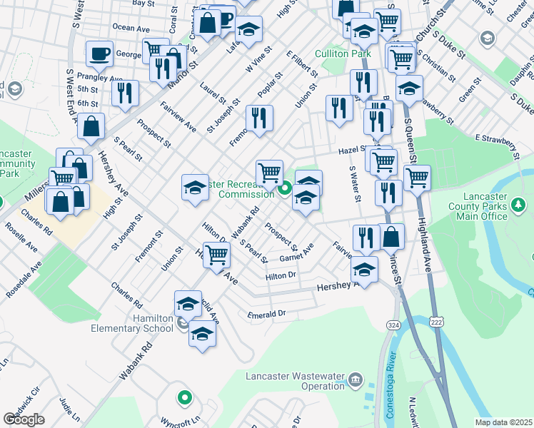 map of restaurants, bars, coffee shops, grocery stores, and more near 839 Rolridge Avenue in Lancaster