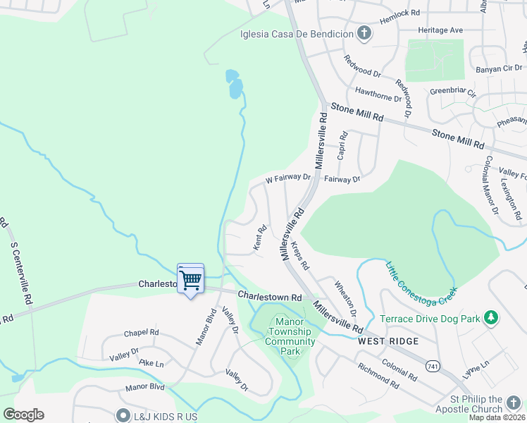 map of restaurants, bars, coffee shops, grocery stores, and more near 105 Kent Road in Lancaster