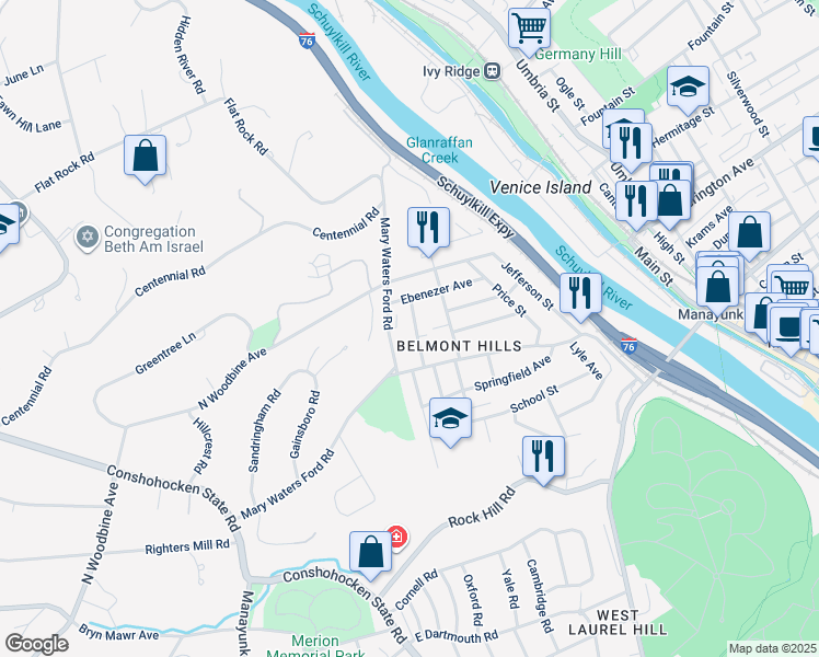 map of restaurants, bars, coffee shops, grocery stores, and more near 36 North Washington Avenue in Bala Cynwyd