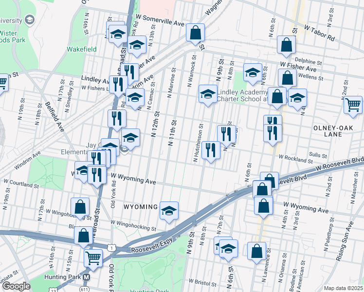 map of restaurants, bars, coffee shops, grocery stores, and more near 4849 North Warnock Street in Philadelphia