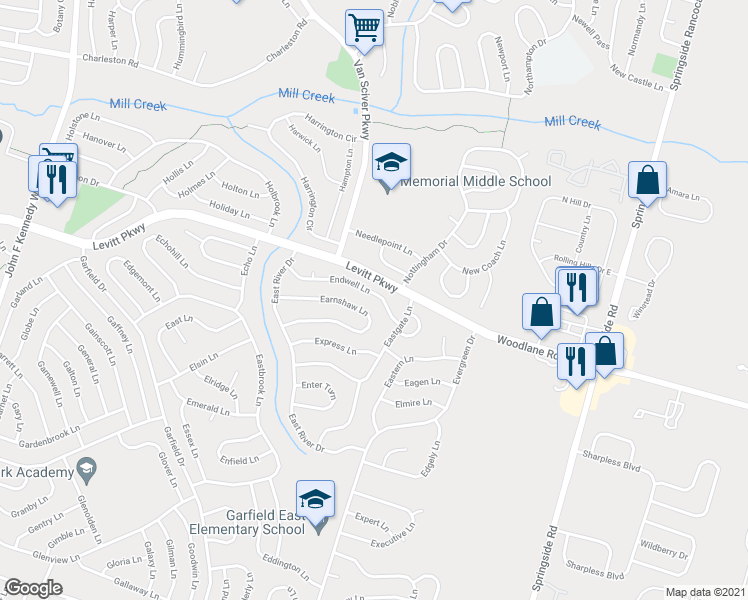 map of restaurants, bars, coffee shops, grocery stores, and more near 56 Endwell Lane in Willingboro