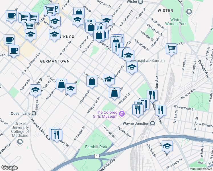 map of restaurants, bars, coffee shops, grocery stores, and more near 151 W Seymour St in Philadelphia