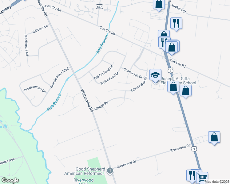 map of restaurants, bars, coffee shops, grocery stores, and more near 163 Village Road in Toms River
