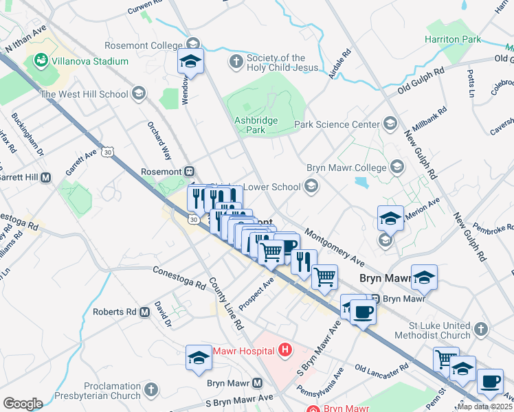 map of restaurants, bars, coffee shops, grocery stores, and more near 55 Franklin Avenue in Bryn Mawr