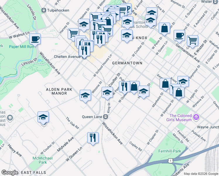 map of restaurants, bars, coffee shops, grocery stores, and more near 419 West Penn Street in Philadelphia