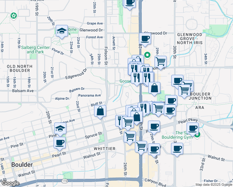 map of restaurants, bars, coffee shops, grocery stores, and more near 2635 Mapleton Avenue in Boulder