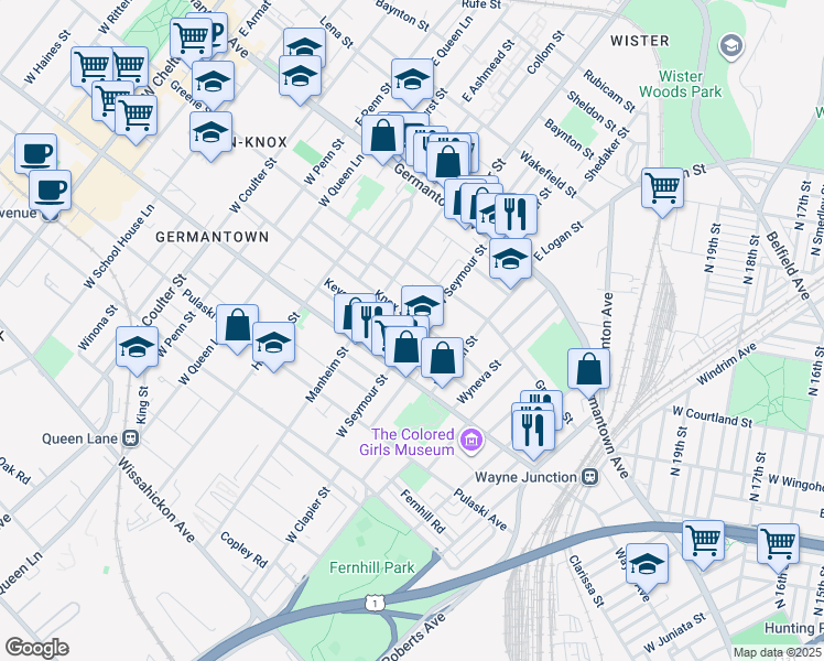 map of restaurants, bars, coffee shops, grocery stores, and more near 151 West Seymour Street in Philadelphia