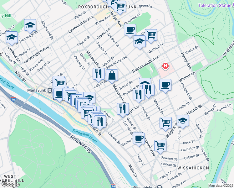 map of restaurants, bars, coffee shops, grocery stores, and more near 4212 Manayunk Avenue in Philadelphia