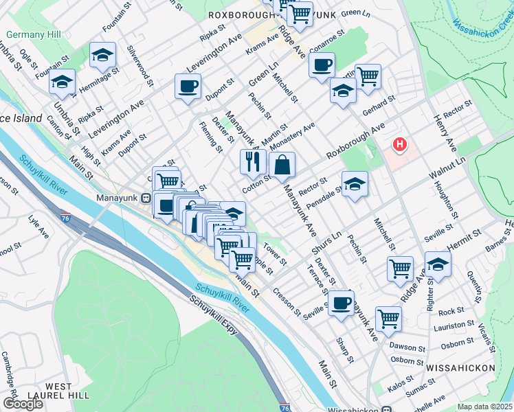 map of restaurants, bars, coffee shops, grocery stores, and more near 4237 Terrace Street in Philadelphia