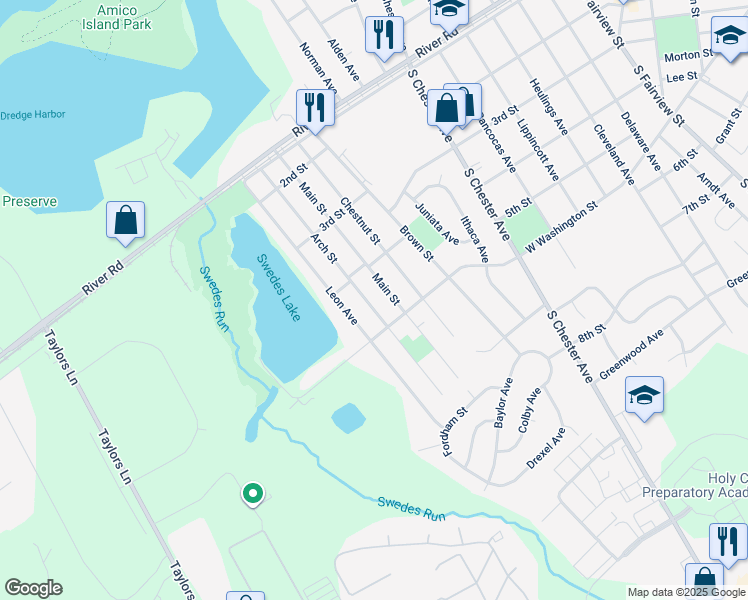 map of restaurants, bars, coffee shops, grocery stores, and more near 411 Arch Street in Delran