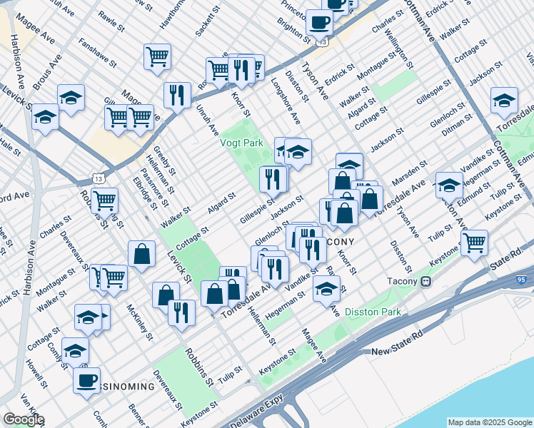 map of restaurants, bars, coffee shops, grocery stores, and more near 4424 Unruh Avenue in Philadelphia