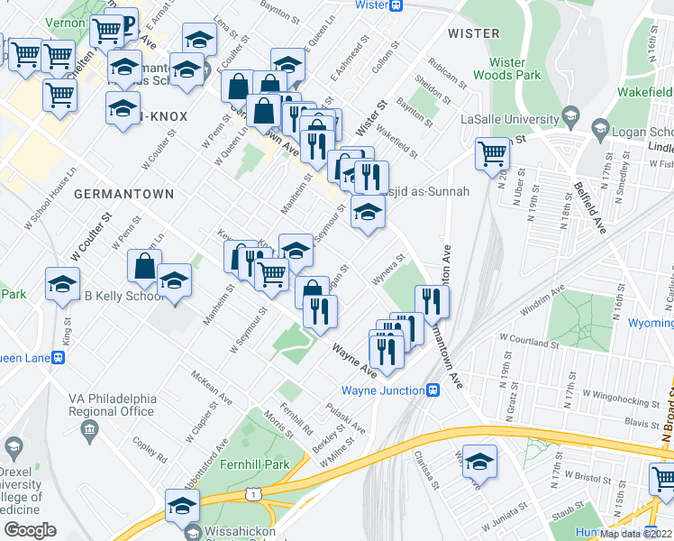 map of restaurants, bars, coffee shops, grocery stores, and more near 115 West Logan Street in Philadelphia