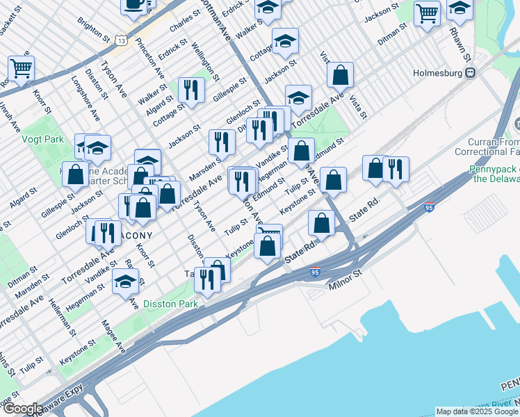 map of restaurants, bars, coffee shops, grocery stores, and more near 7112 Tulip Street in Philadelphia