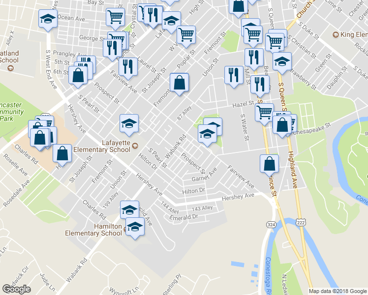 map of restaurants, bars, coffee shops, grocery stores, and more near 837 Rolridge Avenue in Lancaster