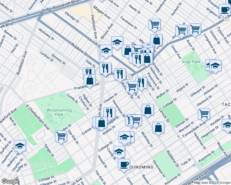 map of restaurants, bars, coffee shops, grocery stores, and more near 6224 Charles Street in Philadelphia