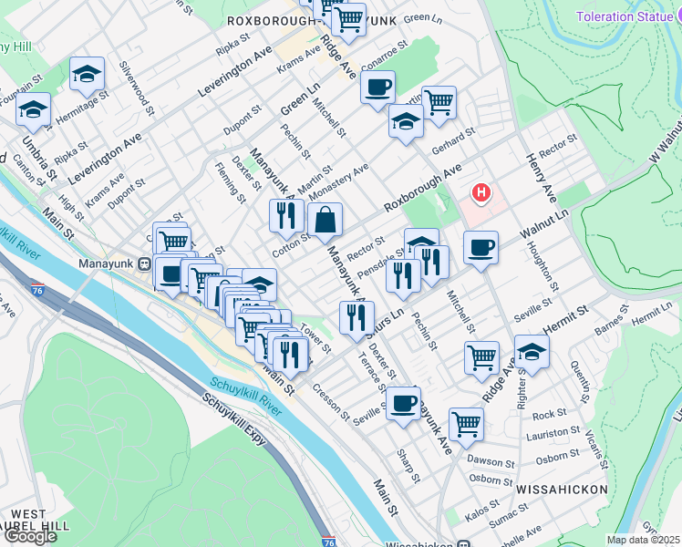 map of restaurants, bars, coffee shops, grocery stores, and more near 4212 Manayunk Avenue in Philadelphia