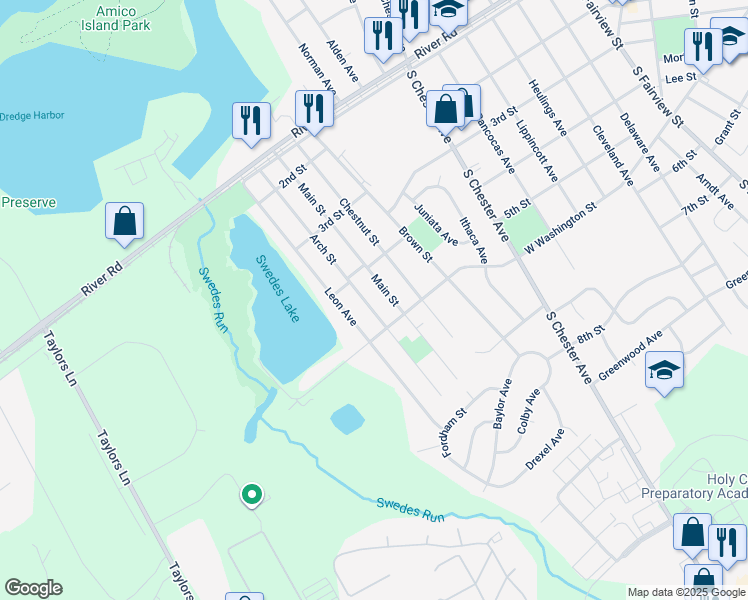 map of restaurants, bars, coffee shops, grocery stores, and more near 411 Arch Street in Delran