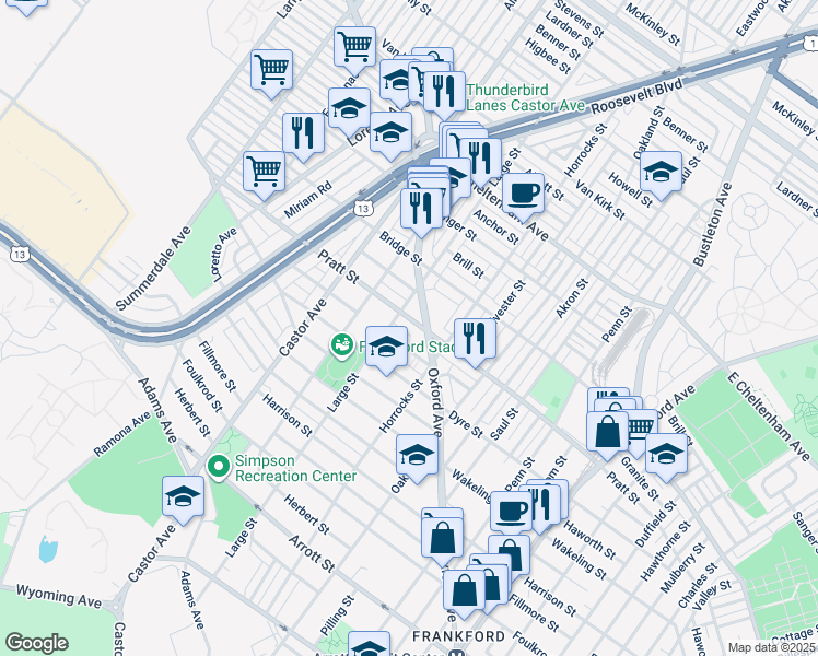map of restaurants, bars, coffee shops, grocery stores, and more near 1110 Pratt Street in Philadelphia