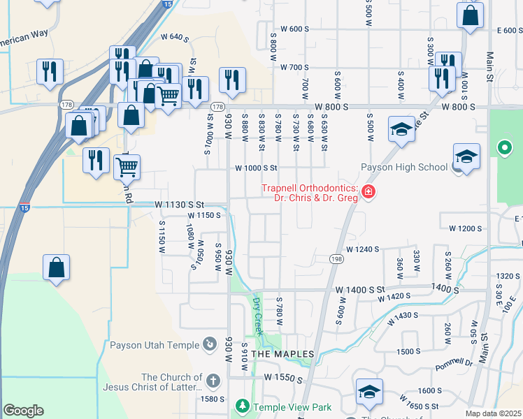 map of restaurants, bars, coffee shops, grocery stores, and more near 1151 South 880 West in Payson