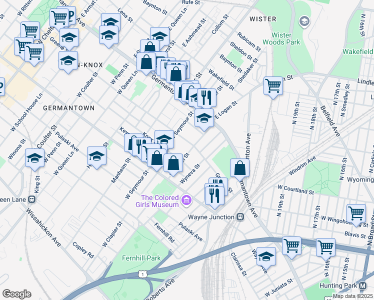 map of restaurants, bars, coffee shops, grocery stores, and more near 115 West Logan Street in Philadelphia