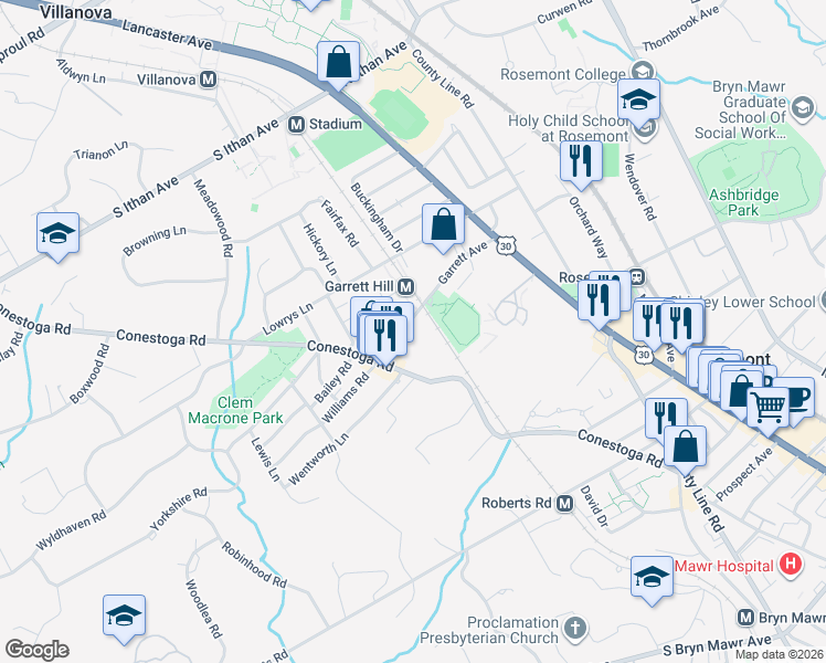 map of restaurants, bars, coffee shops, grocery stores, and more near 915 Conestoga Road in Bryn Mawr